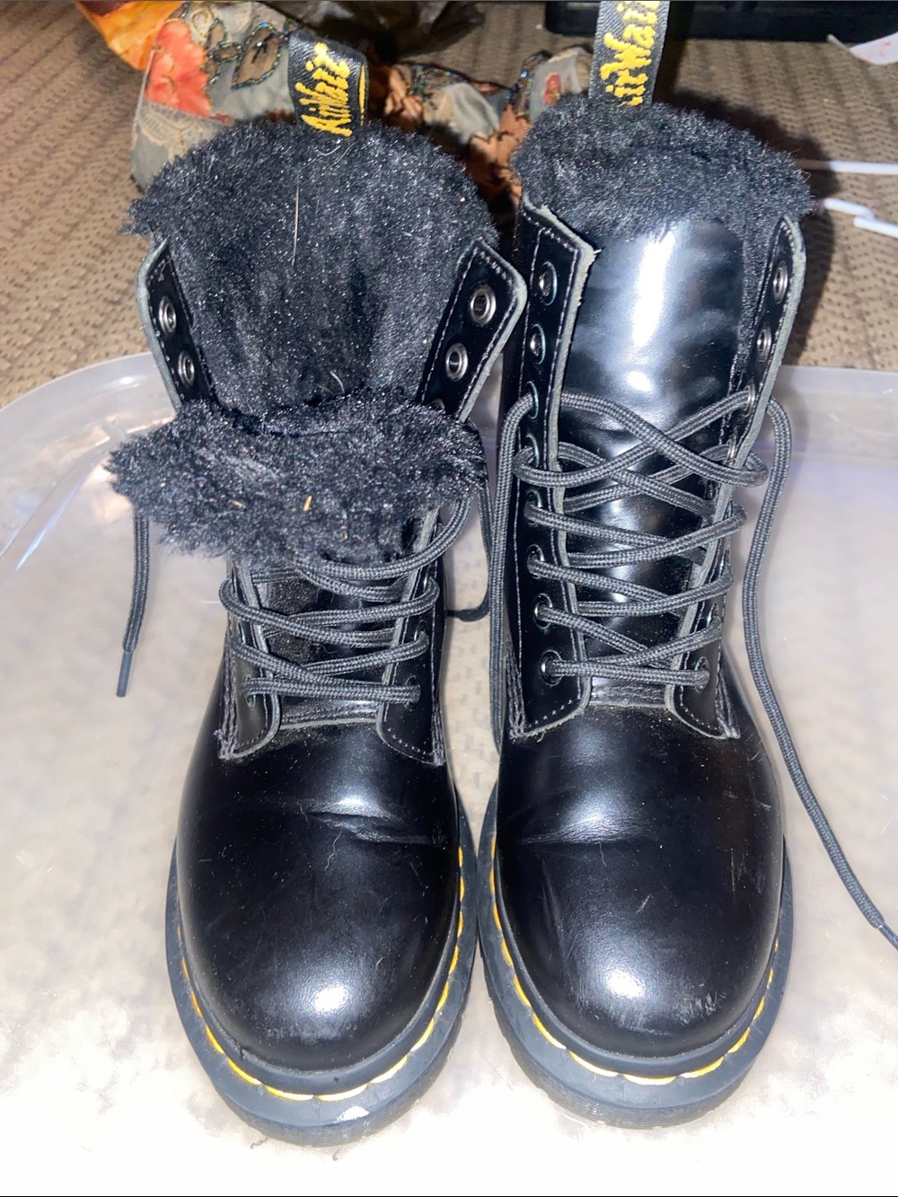 Dr. Martens Black Lace-Up Fur-Trim Combat Boots